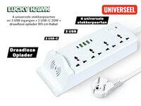 Universeel stekkerdoos met 4 stopcontacten en 3 USB-ingangen - 2 USB-C 20W + draadloze oplader voor mobiele apparaten