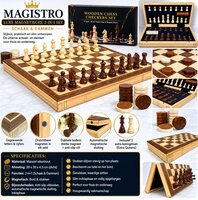 Wooden Chess Checkers set -  Luxe Magnetische 2-in-1 Schaak- en Dambord - Eikenhout - inklapbaar schaakbord