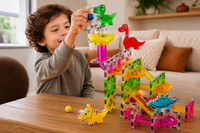 Magnetische Knikkerbaan Dino 76-delig &ndash; Bouwset voor Kinderen met Dinosaurussen, Ballen &amp; Transparante Magnetische Bouwstenen