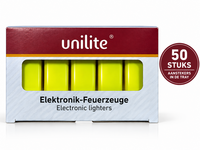 Unilite&reg; NC Gele Blanco Bedrukbare Aanstekers &ndash; Zacht vlam - 50 stuks