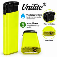 Unilite&reg; NC Gele Blanco Bedrukbare Aanstekers &ndash; Zacht vlam - 50 stuks