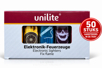 Aanstekers klik - Navulbare Fix Flame  - 50 stuks per tray Unilite Rock-'n-roll Print