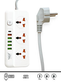 Universal Power Strip with 3 Plugs and 6 USB inputs 1 USB-C 20W Fast Charger 285 cm Cable - Suitable for EU, UK, US |