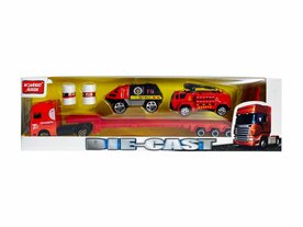 DIE-CAST - Vrachtwagen brandweerauto&#039;s - autotransporter + 2 mini auto&#039;s 3in1