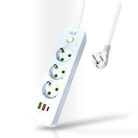 Power Strip with 3 Sockets, 2 USB Ports + 1 USB-C - 2500W - 2 Meter - White - Lucky Hawk