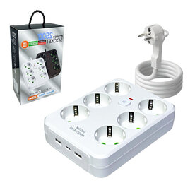 Power Strip with 6 Sockets, 2 USB Ports + 1 USB-C - 2500W &ndash; 2 Meter &ndash; White &ndash; Lucky Hawk