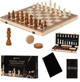 Chess &amp; Checkers - Magnetische Schaak- en Dambord 39x39 - Inklapbare 2-in-1 Hout - Met ReisTas