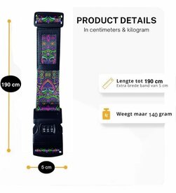 Luggage strap with combination lock - Adjustable suitcase strap up to 190CM - with ID label - Extra security and recognition - suitcase strap