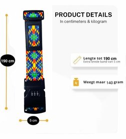 Suitcase strap with combination lock - Adjustable suitcase strap up to 190CM - with ID label - Extra security and recognition - Luggage strap