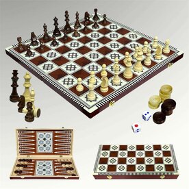 Chess - Schaken, Backgammon en Dammen - 3in1 set - 49X49CM - Hout - Opklapbaar bord