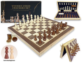 Wooden Chess Checkers set -  Luxe Magnetische 2-in-1 Schaak- en Dambord - Eikenhout - inklapbaar schaakbord