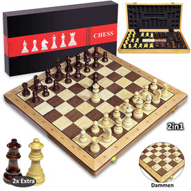 Houten Chess &amp; Dammen 2-in-1 - 52x52 cm - schaak set 