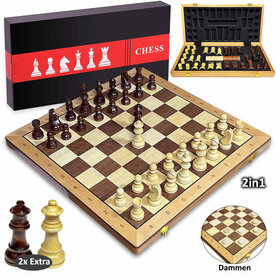 2-in-1 Chess &amp; Checkers Set - 43x43 cm - Foldable Wooden Chessboard - CHESS