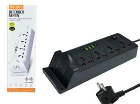 Universeel stekkerdoos met 4 stopcontacten en 3 USB-ingangen - 2 USB-C 20W + draadloze oplader voor mobiele apparaten z
