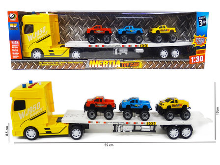 Super truck vrachtwagen - autotransporter met 3 mini auto&#039;s -maakt geluid en heeft lichtjes  - 55CM