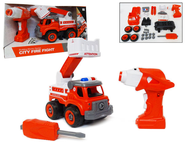RC DIY Fire Truck Toy Building Set 24 Pieces - 4 in 1 - Remote Control &amp; Screw Drill - City Fire Fight Fire Truck