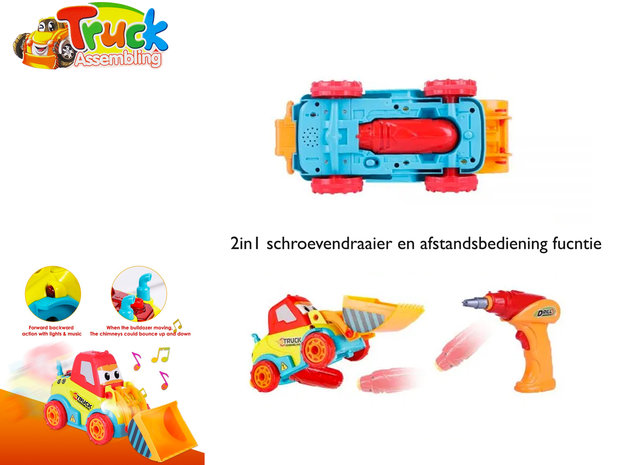 DIY Graafmachine truck speelgoed bouwset 24st + schroefboormachine 2in1 (33cm)