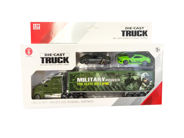 Auto transporter met 2 mini auto's - Military vrachtwagen 1:58 - DIECAST TRUCK SERIES - model auto