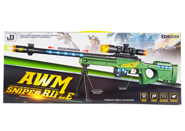 Sniper Rifle AWM geweer met led lichtjes, trilling en schietgeluiden - scherpschutters speelgoedgeweer  74.5 CM