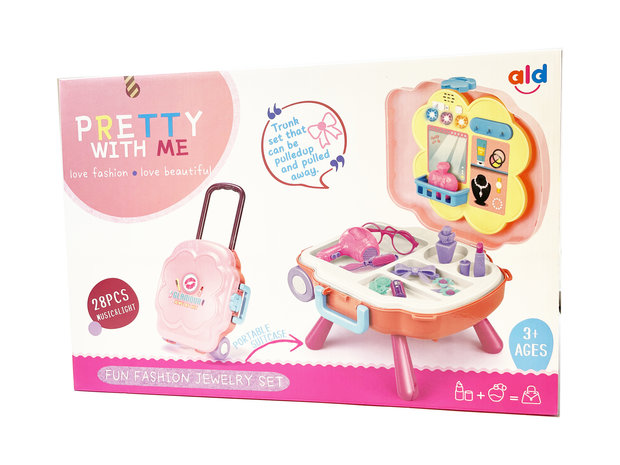 Toy box beauty set - 2 in 1 trolley and dressing table - with light and sound-beauty play pink