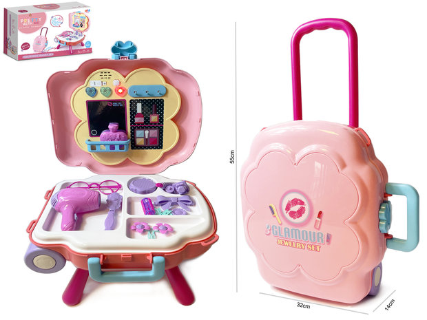 Toy box beauty set - 2 in 1 trolley and dressing table - with light and sound-beauty play pinkink