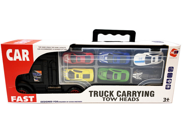 Vrachtwagen transporter truck - speelgoed mini auto&#039;s - transporter 6-delig set koffer - Oplegger - 34CM