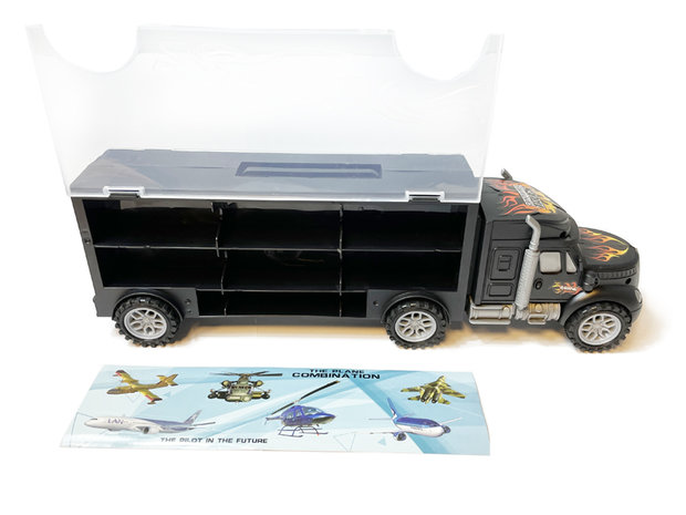 Brandweer vrachtwagen transporter truck - speelgoed mini brandweerauto's - 6-delig set koffer - Oplegger voor 12 brandweerwagens - 39cm