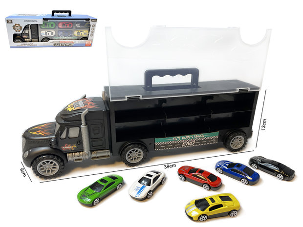 Vrachtwagen transporter truck - speelgoed mini auto&#039;s - transporter 6-delig set koffer - Oplegger voor 12 auto&#039;s- 39CM