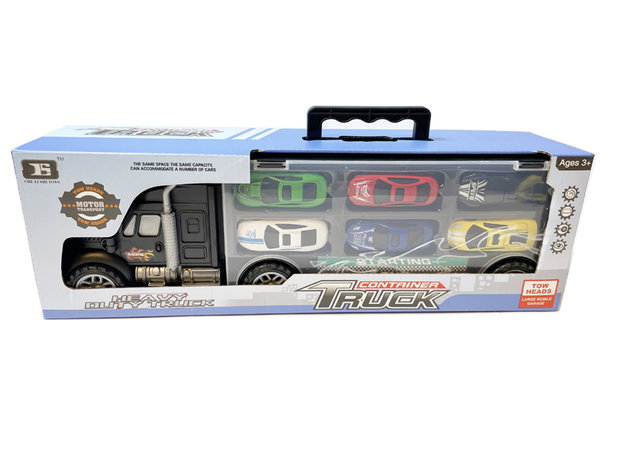 Vrachtwagen transporter truck - speelgoed mini auto&#039;s - transporter 6-delig set koffer - Oplegger voor 12 auto&#039;s- 30.5cm