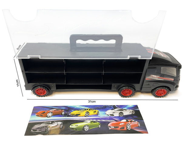 Vrachtwagen transporter truck - speelgoed mini auto&#039;s - transporter 6-delig set koffer - Oplegger voor 12 auto&#039;s- 31cm