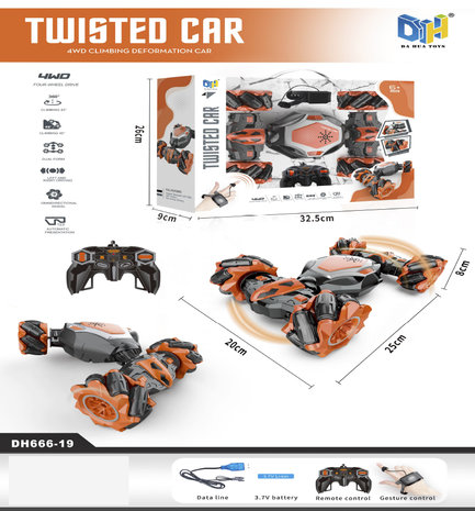 RC Stunt Twisted Car 4WD 2.4GHz - dubbelzijdig transformer auto  -LED lichtjes en Muziek - Incl. horloge en afstandsbediening 