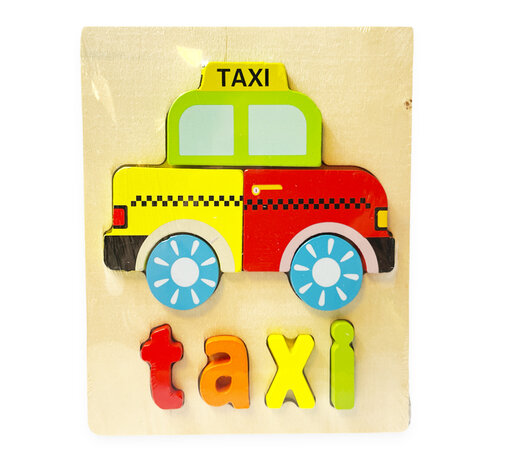 Wooden inlay puzzle taxi toy - shapes puzzle for children 18x15cm