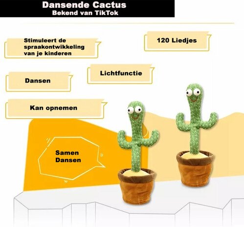 Talking Cactus 32CM oplaadbaar - Dansende en Pratende Interactieve Knuffel - bekend van TikTok - Dancing cactus - voice opname - Pluche Speelgoed