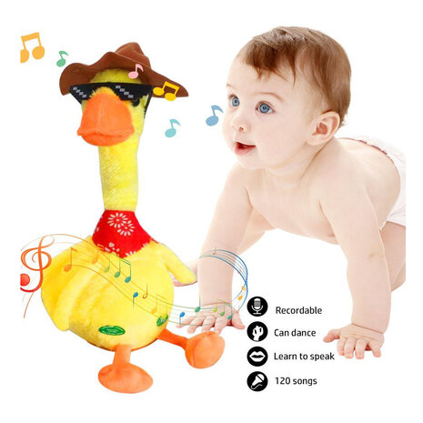 Pratende Eend met kostuum  - Oplaadbaar - Dansende en Pratende Interactieve Knuffel 32CM - bekend van TikTok - Talking & dancing Duck - voice opname - 120 liedjes - Pluche Speelgoed