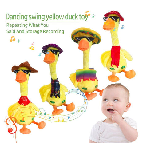 Pratende Eend met kostuum  - Oplaadbaar - Dansende en Pratende Interactieve Knuffel 32CM - bekend van TikTok - Talking & dancing Duck - voice opname - 120 liedjes - Pluche Speelgoed