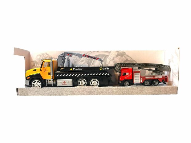 DIE-CAST Vrachtwagen autotransporter + brandweerauto 2in1 - pull-back drive