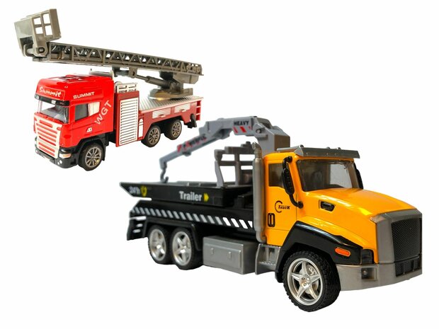 DIE-CAST Vrachtwagen autotransporter + brandweerauto 2in1 - pull-back drive