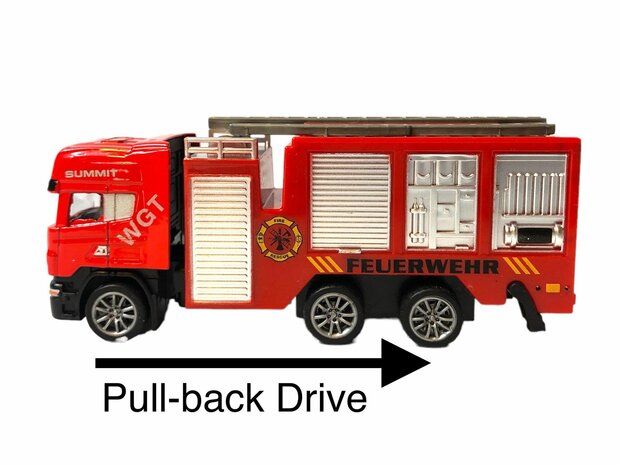DIE-CAST Vrachtwagen autotransporter&nbsp;+ Brandweerauto 2in1 - pull-back drive