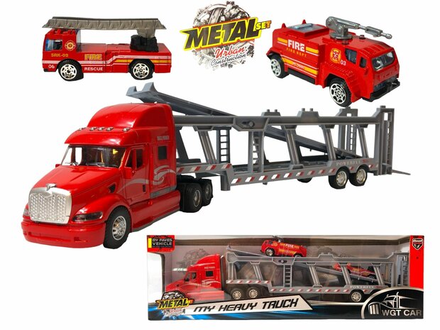 Truck car transporter + 2 mini fire trucks 3in1 - pull-back drive