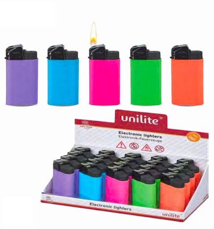 Unilite klik aanstekers - navulbaar - 20 stuks in een display - 5 ass. color - soft touch lighters