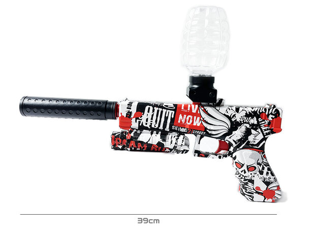 Gel Blaster- Elektrische pistool  - Red Graffiti  - compleet set incl. gel ballen - oplaadbaar - 37CM