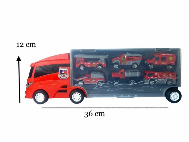 Fire truck set - transporter - 6-piece set - truck case - 36.4 cm
