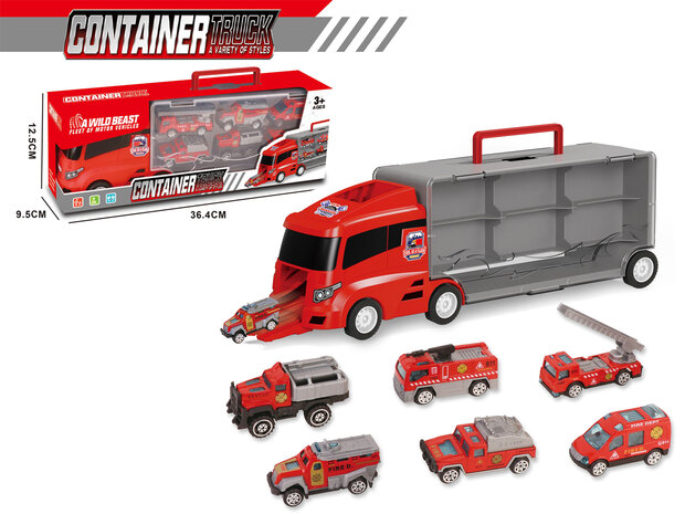 Fire truck set - transporter - 6-piece set - truck case - 36.4 cm