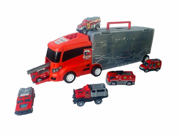 Brandweer vrachtwagen set - transporter - 6-delig set - truck koffer - 36.4 cm