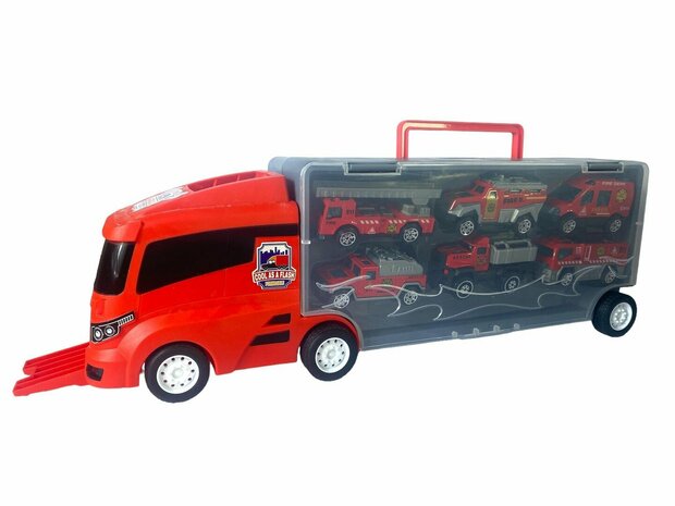 Brandweer vrachtwagen set - transporter - 6-delig set - truck koffer - 36.4 cm