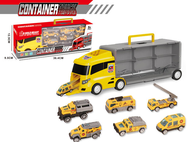 Vrachtwagen transporter set - werkvoertuigen - 6-delig set - truck koffer - 36.4 cm