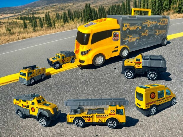 Truck transporter set - work vehicles - 6-piece set - truck case - 36.4 cm
