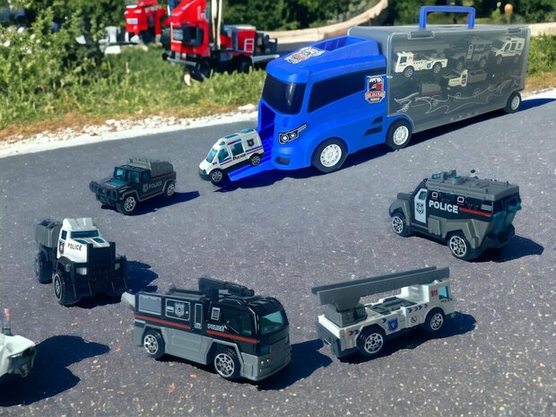 Politie vrachtwagen set - transporter - 6-delig set - truck koffer - 36.4 cm