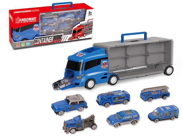 Vrachtwagen set Politie - transporter - 6-delig set - truck koffer - 36.4 cm