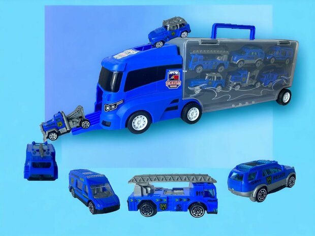 Vrachtwagen set Politie - transporter - 6-delig set - truck koffer - 36.4 cm
